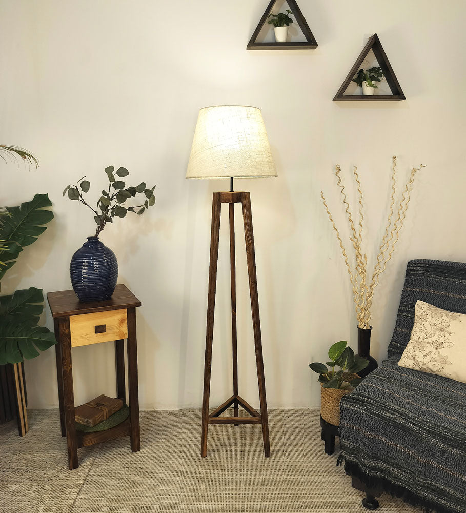 Adrienne Wooden Floor Lamp with Brown Base and Premium Beige Fabric Lampshade