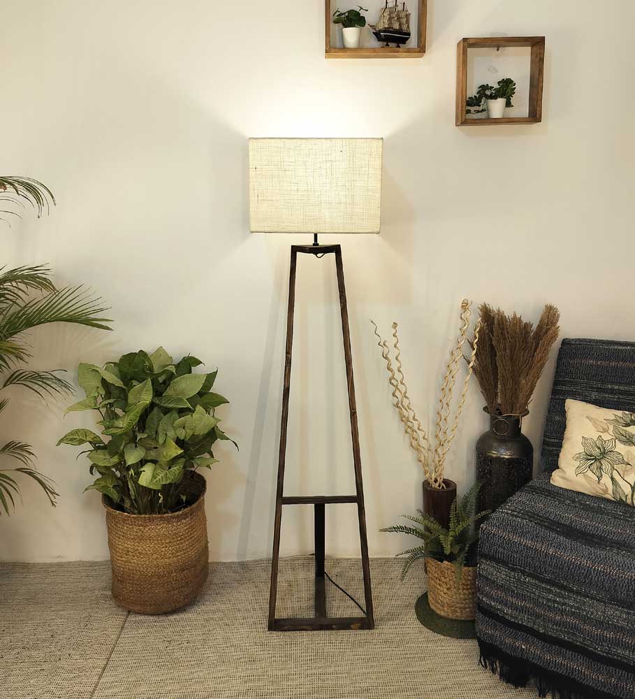 Solid Wood Angular Beige Lampshade Floor Lamp With Brown Base