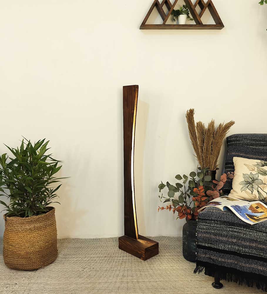 Solid Wood Arc Brown Lampshade Floor Lamp With Brown Base