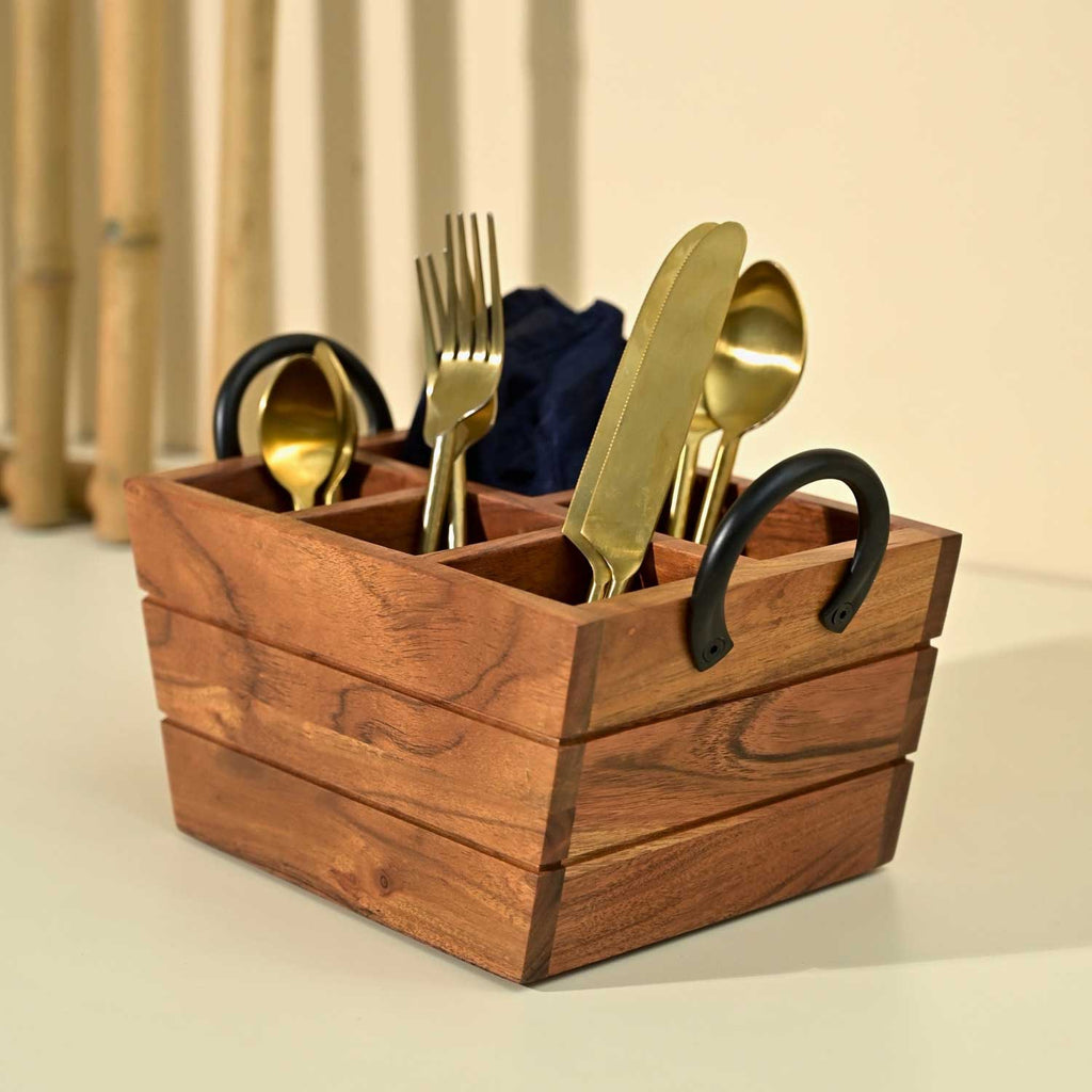 Solid Wood Boat Cutlery Caddy/Holder with Horseshoe Handle