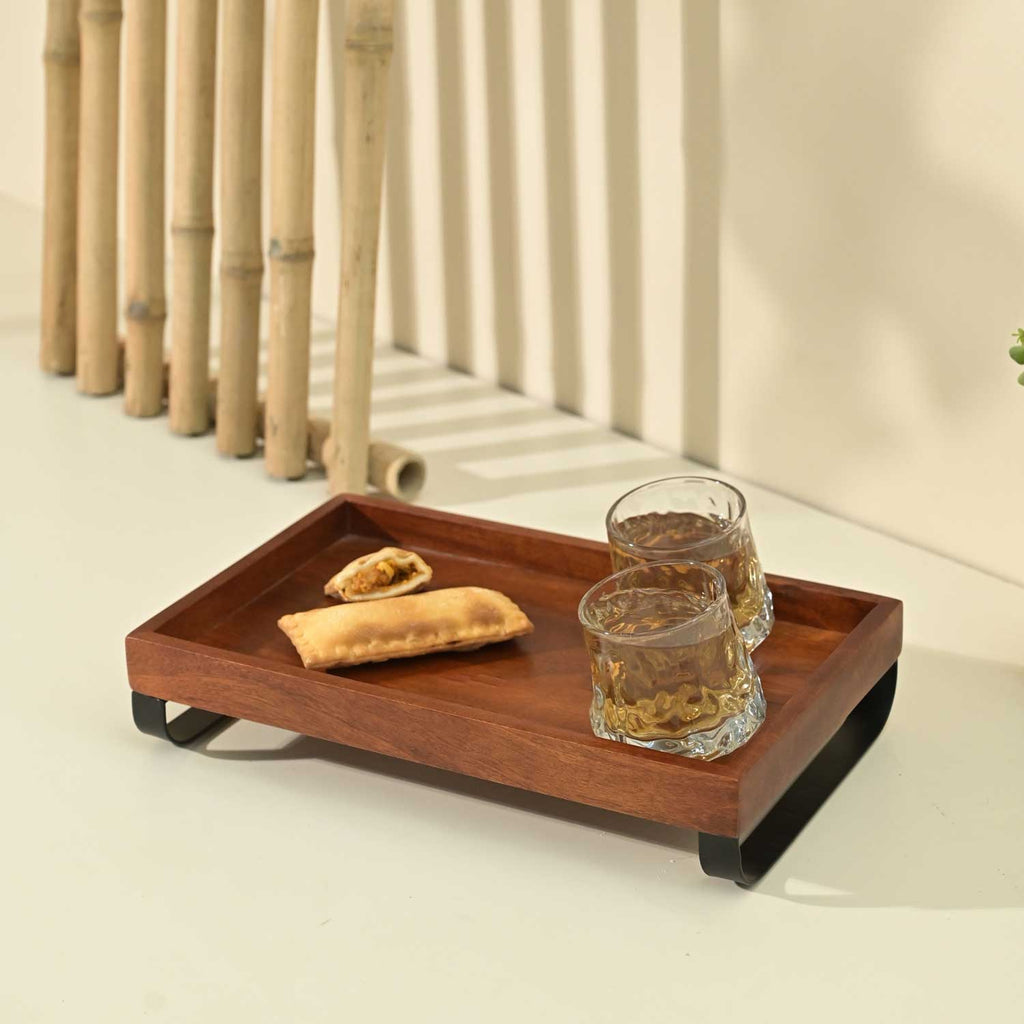 Solid Wood Serving Tray with Metal Stand from Mahogany Collection (Large)