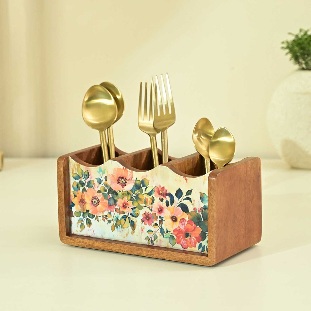 Solid Wood Pastel Flora Cutlery Holder