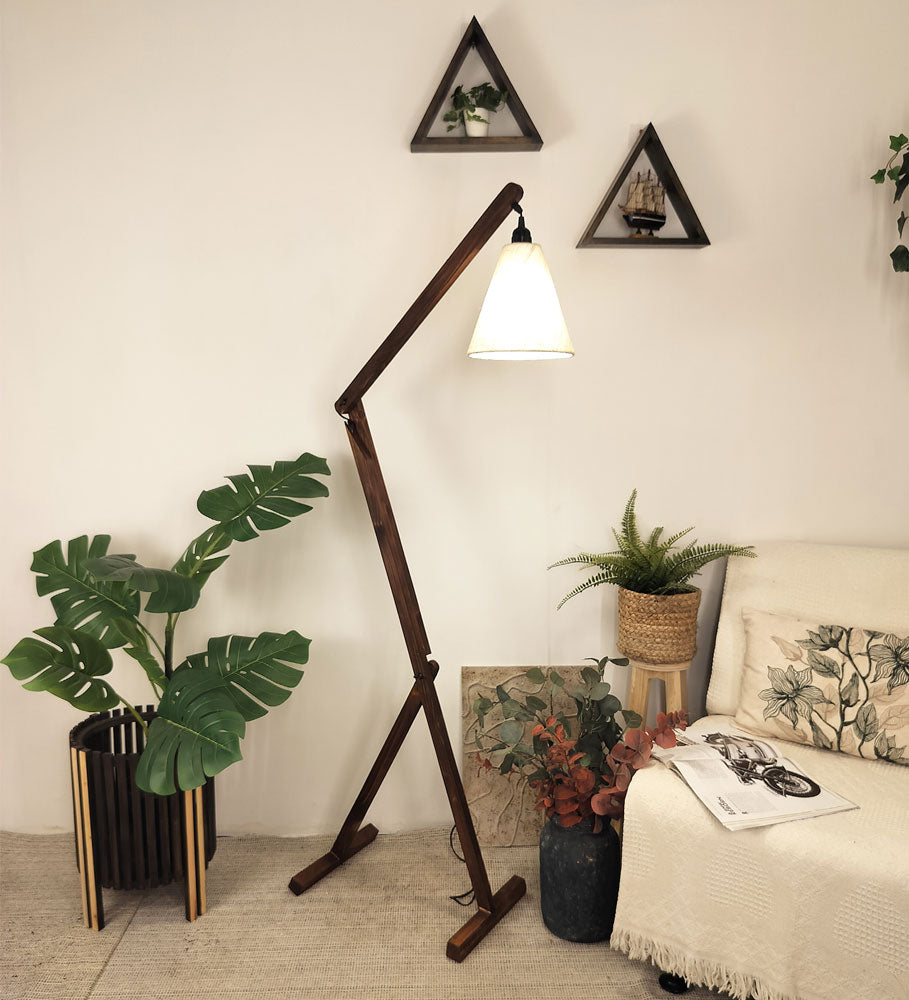 Benji Wooden Floor Lamp with Brown Base and Beige Fabric Lampshade