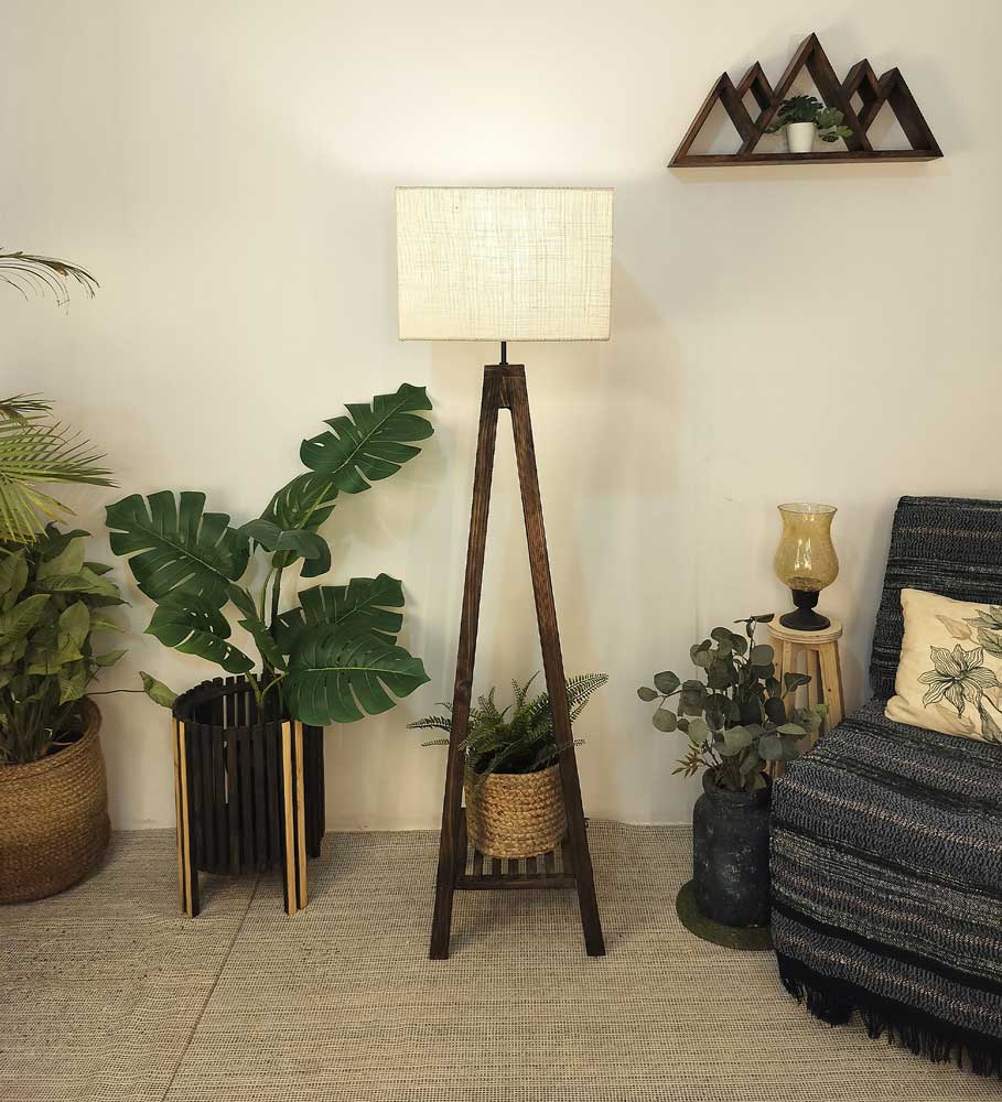 Brielle Wooden Floor Lamp with Brown Base and Beige Fabric Lampshade