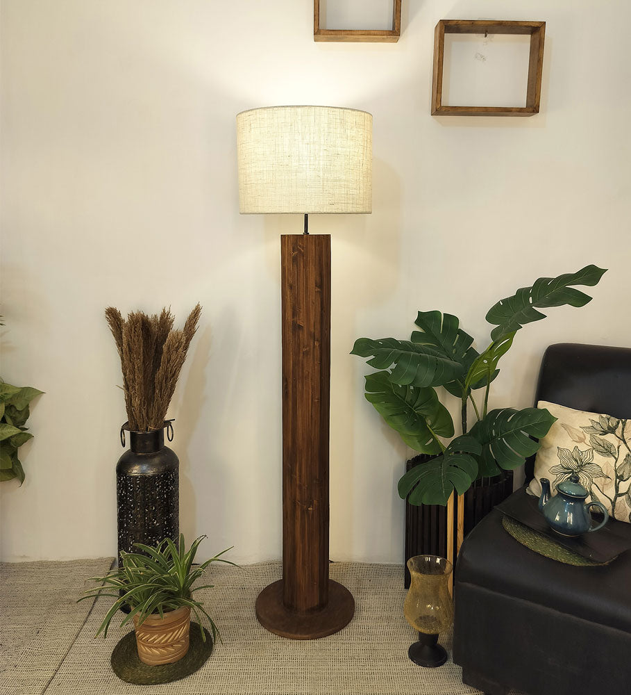 Solid Wood Cedar Beige Fabric Lampshade Floor Lamp With Brown Base