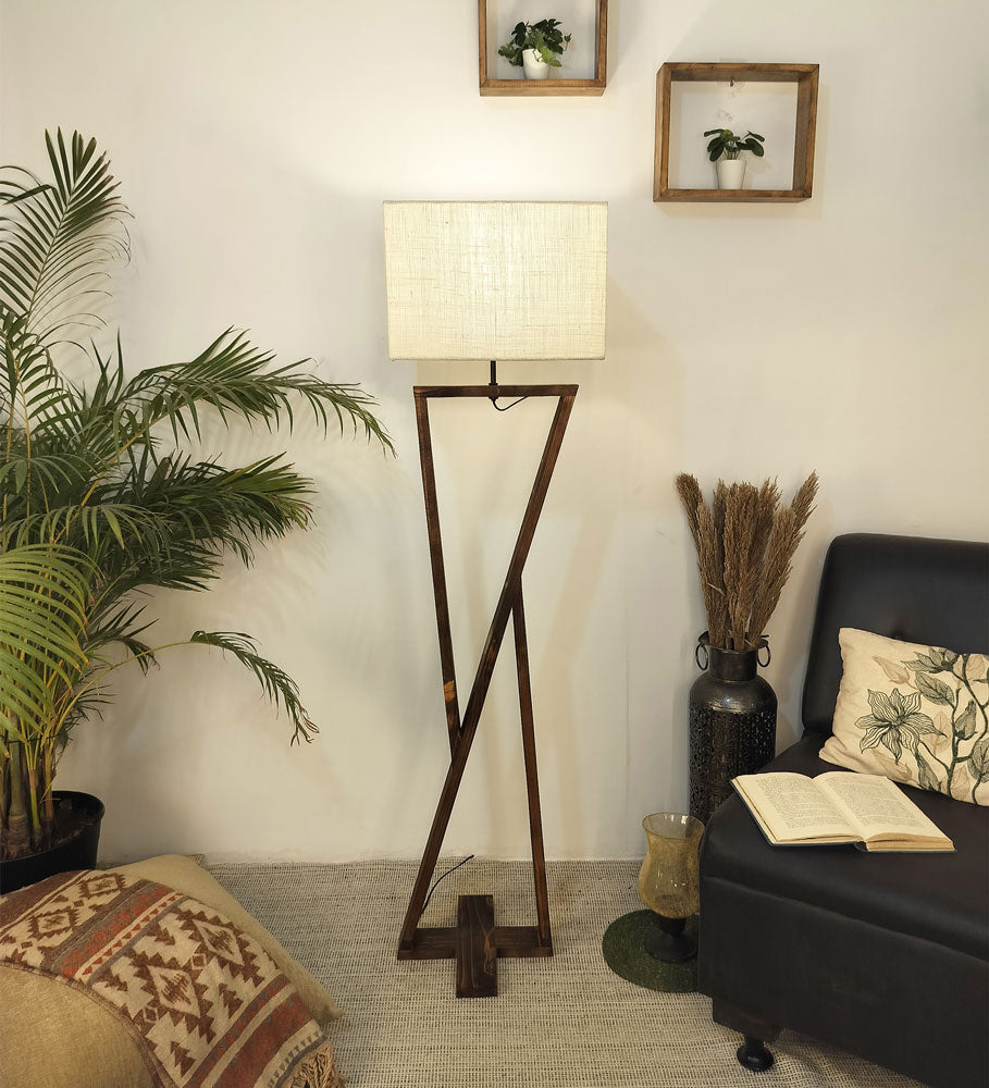 Chloe Wooden Floor Lamp with Brown Base and Jute Fabric Lampshade