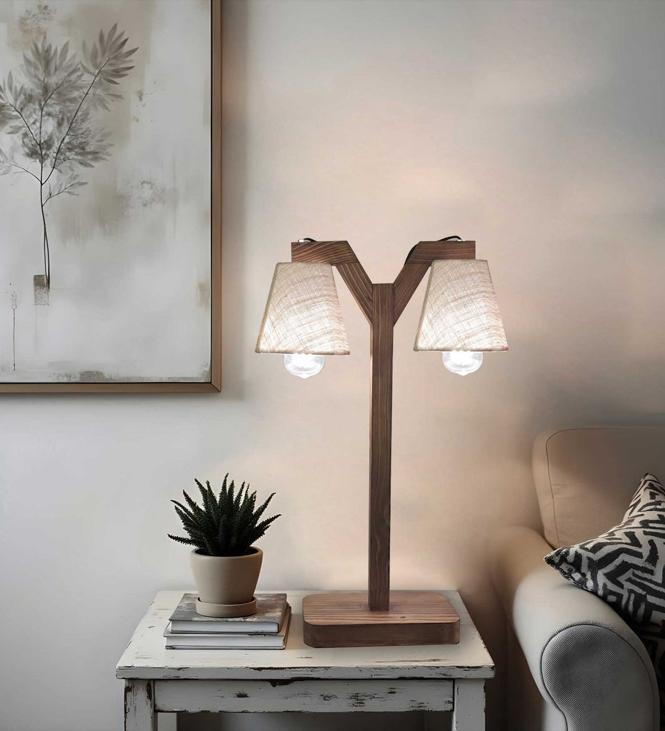 Elania Wooden Table Lamp with Brown Base and Premium White Fabric Lampshade