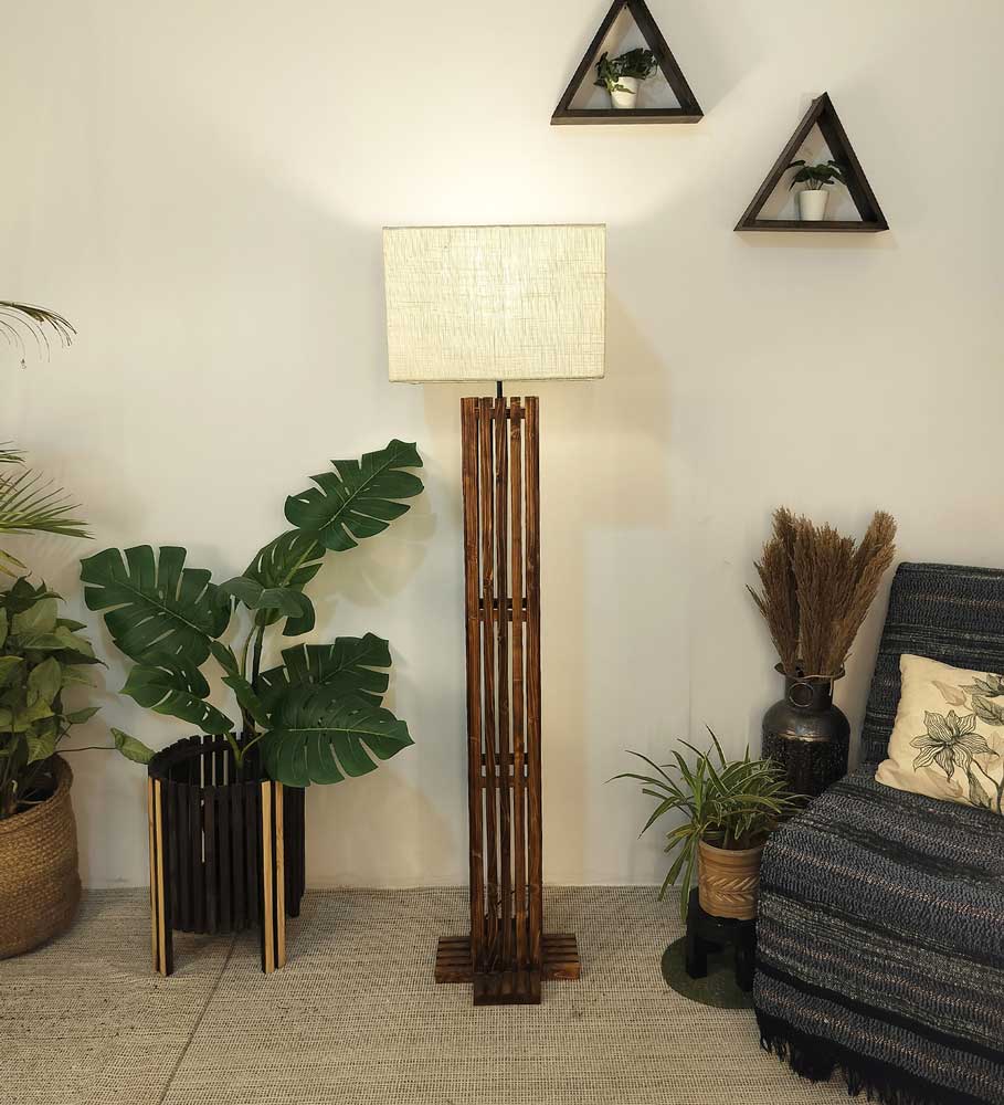 Solid Wood Elegant Beige Fabric Lampshade Floor Lamp With Brown Base