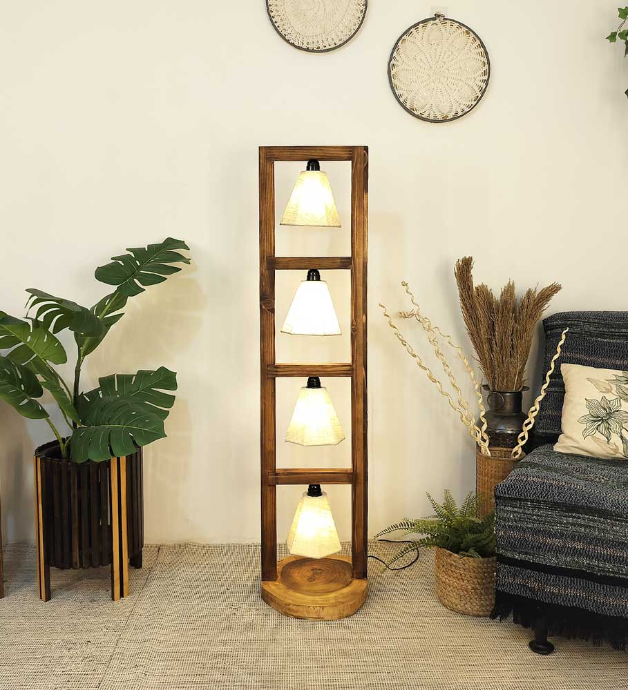 Florent Wooden Floor Lamp with Brown Base and Jute Fabric Lampshade