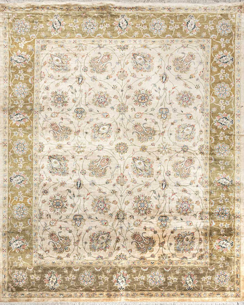 Luxury - Kashmere  Valley Ivory Green Pure Silk Hand Knotted Premium Carpet