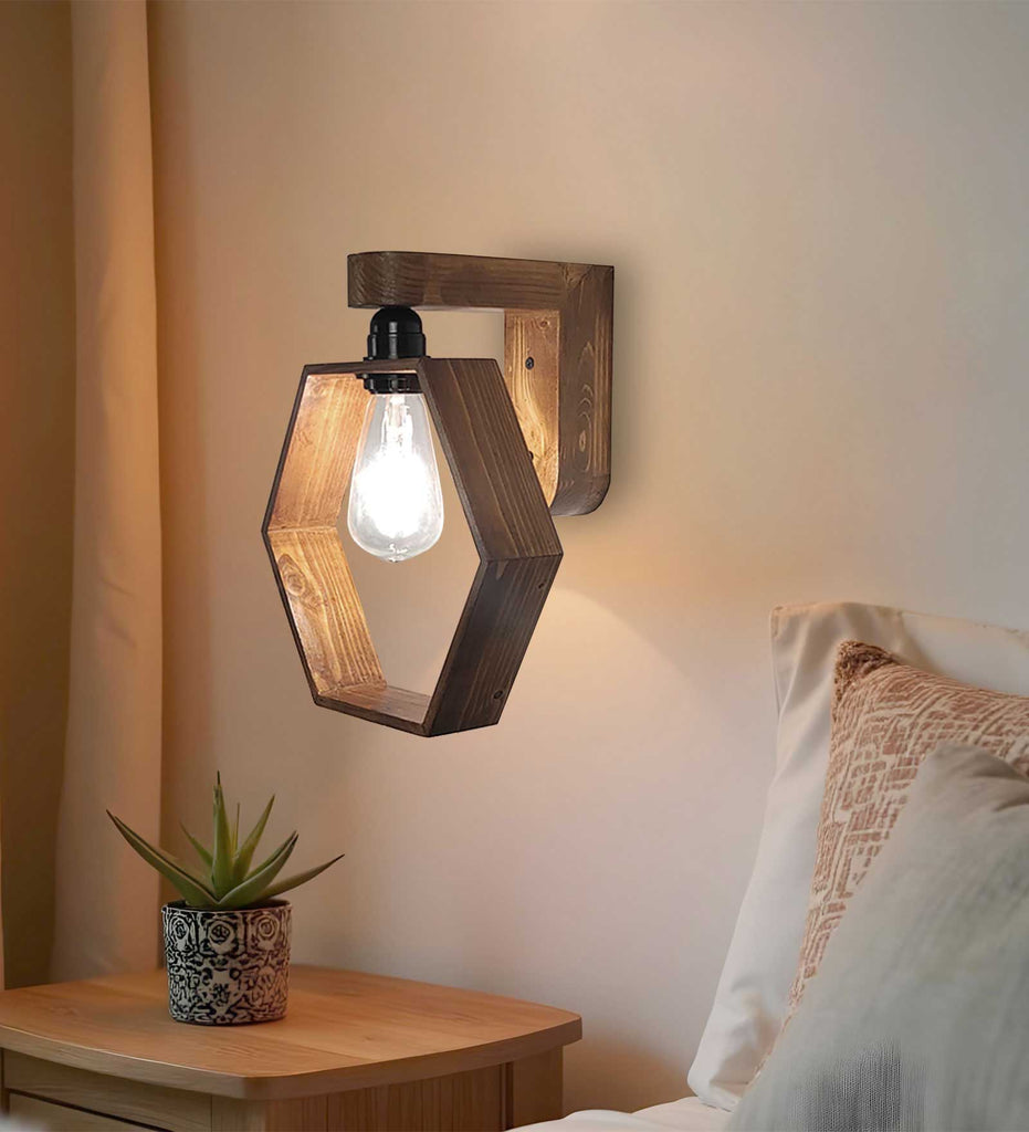 Hex Brown Wooden Wall Light