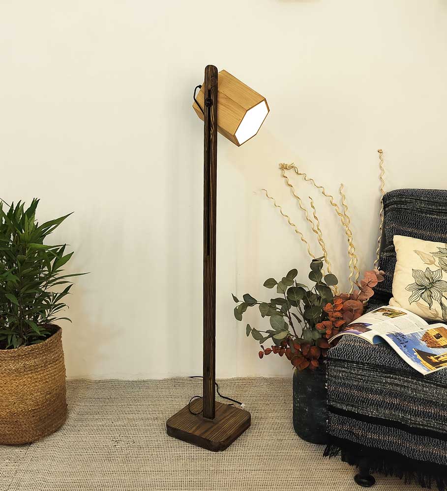 Solid Wood HexSpot Beige Lampshade Floor Lamp With Brown Base