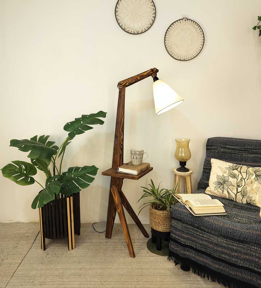 Hubert Wooden Floor Lamp with Brown Base and Jute Fabric Lampshade