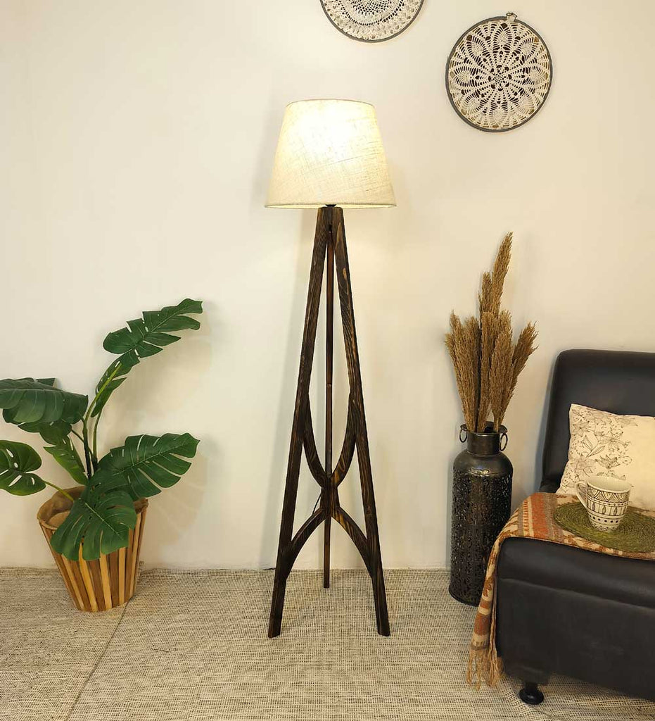 Julius Wooden Floor Lamp with Brown Base and Jute Fabric Lampshade