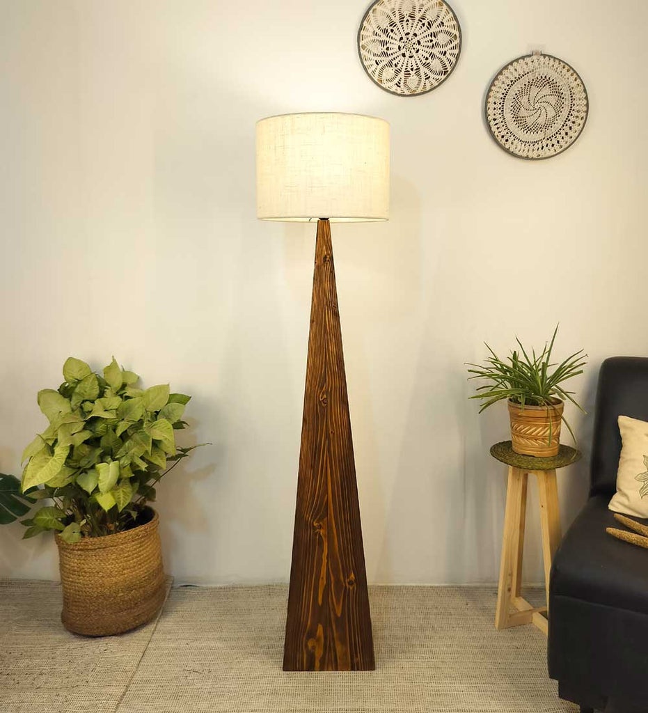 Monolith Wooden Floor Lamp with Brown Base and Jute Fabric Lampshade