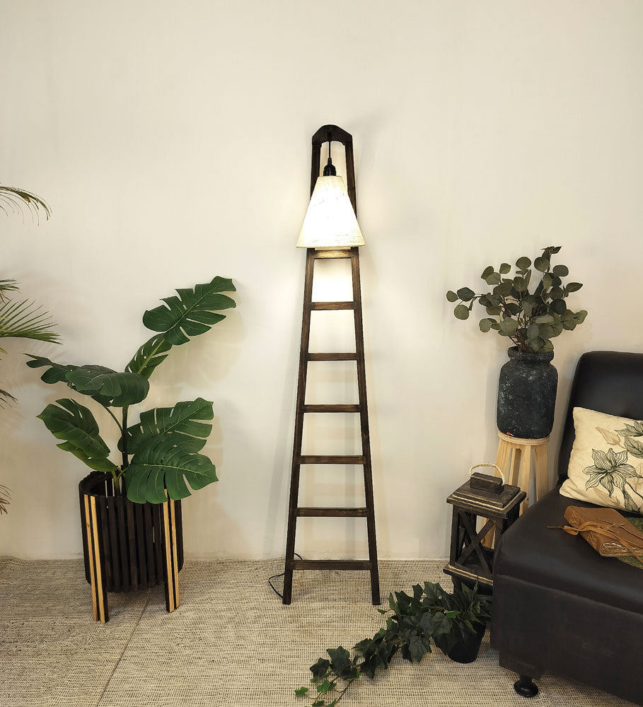 Stairway Wooden Floor Lamp with Brown Base and Jute Fabric Lampshade