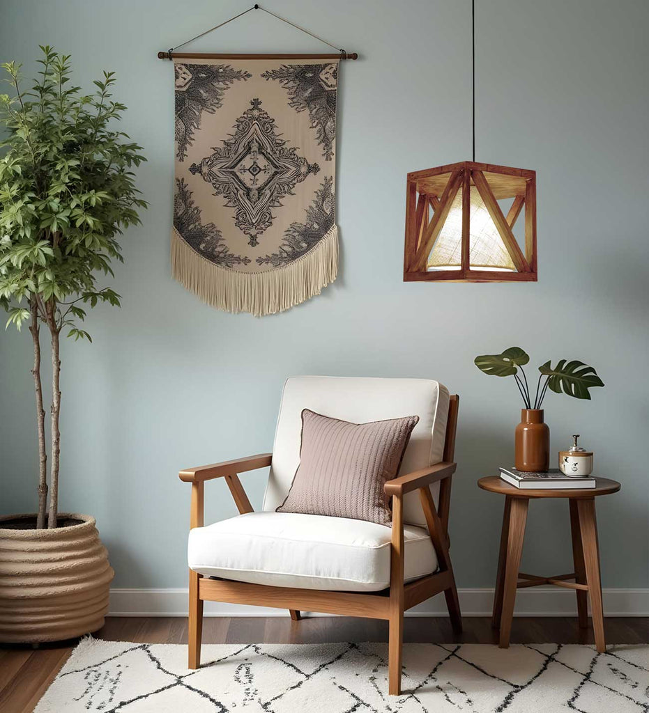 Symmetric Hexa Brown Wooden Single Hanging Lamp