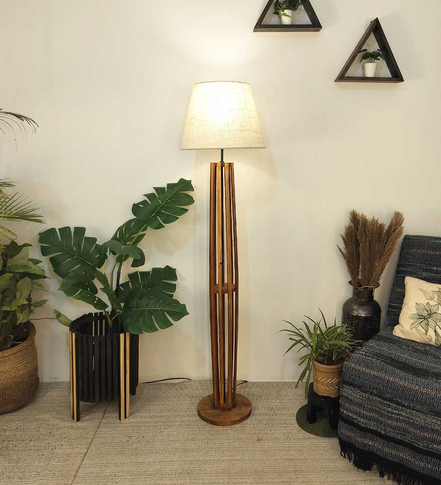 Solid Wood Tall Boy Yellow Printed Fabric Lampshade Floor Lamp With Brown Base