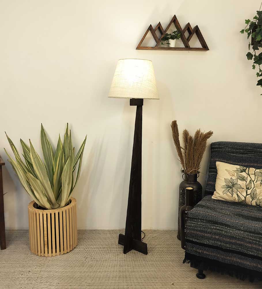 Solid Wood Trigo Beige Fabric Lampshade Floor Lamp With Brown Base