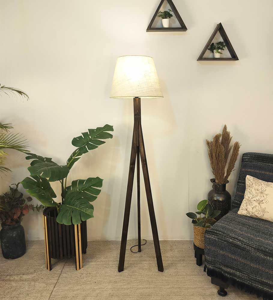 Solid Wood Triune Beige Fabric Lampshade Floor Lamp With Brown Base