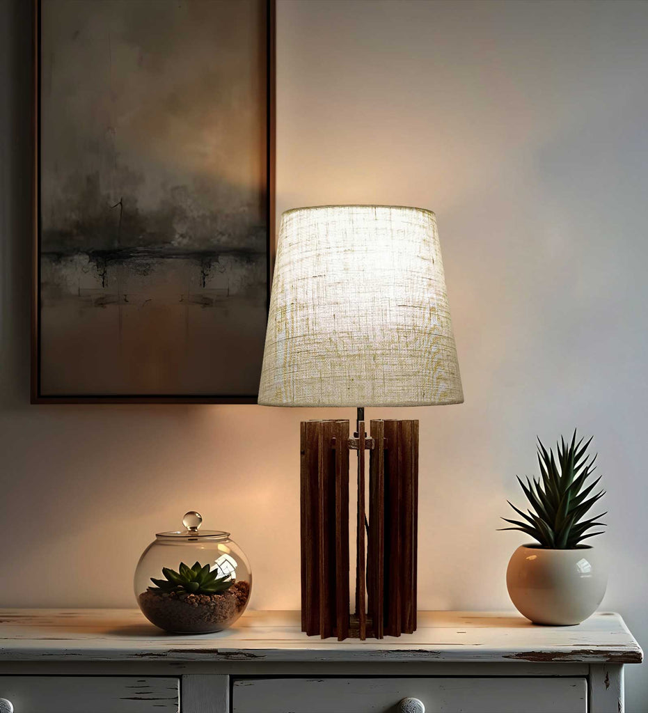 Ventus Brown Wooden Table Lamp with Fabric Lampshade