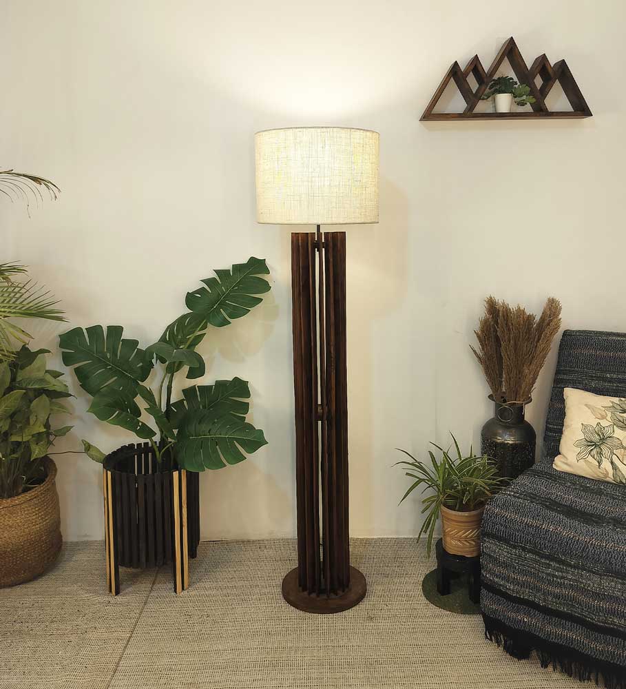 Solid Wood Ventus Beige Fabric Lampshade Floor Lamp With Dark Brown Base