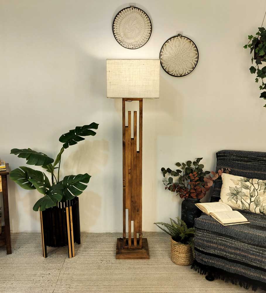 Victoria Wooden Floor Lamp with Brown Base and Jute Fabric Lampshade