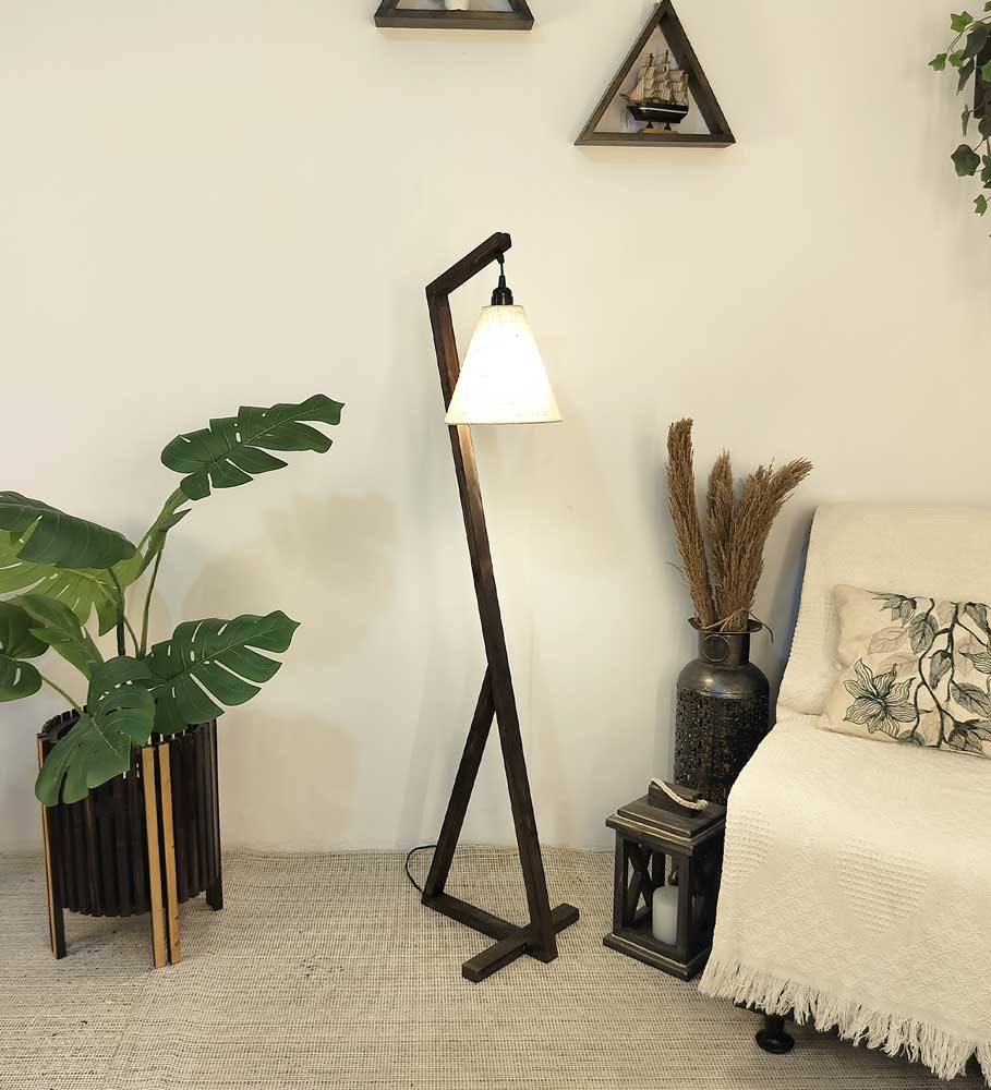 Solid Wood Zed Beige Fabric Lampshade Floor Lamp With Brown Base