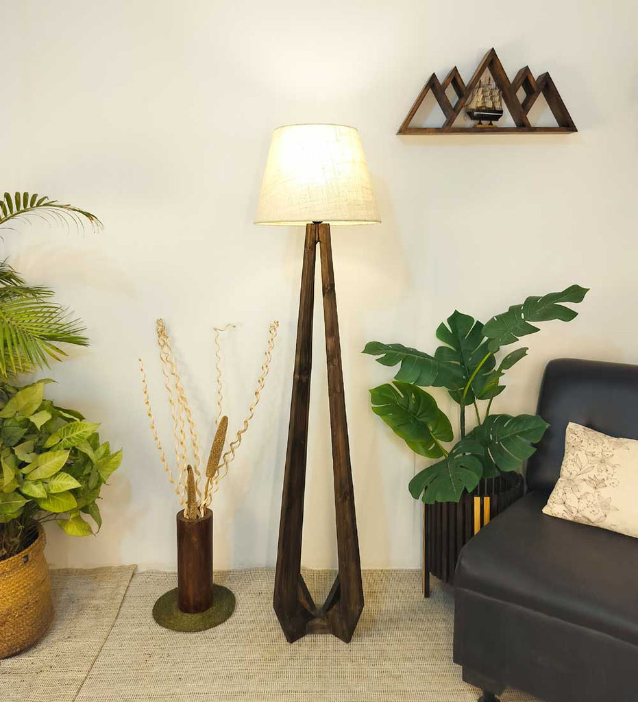 Zoe Wooden Floor Lamp with Brown Base and Jute Fabric Lampshade